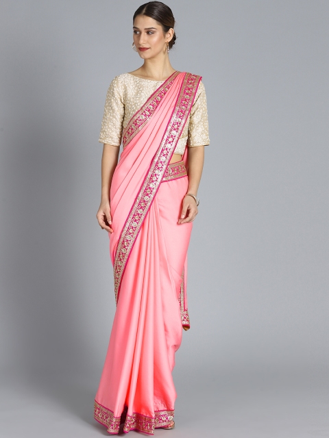 

EthnoVogue Pink & Beige Satin Solid Saree