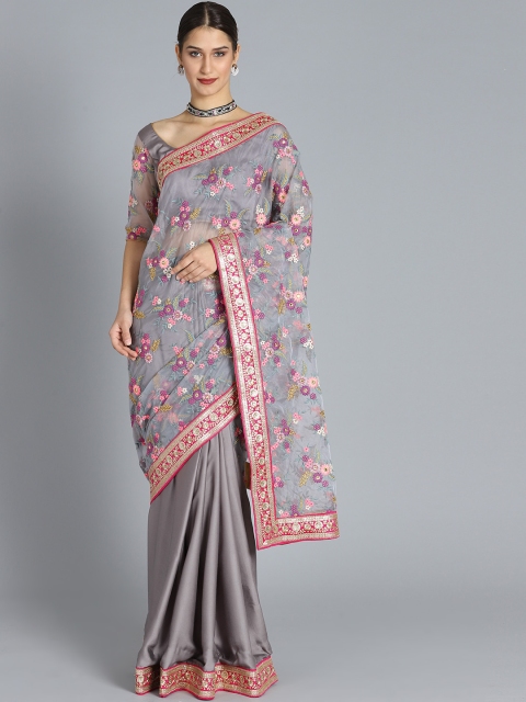 

EthnoVogue Grey & Pink Satin Embellished Saree