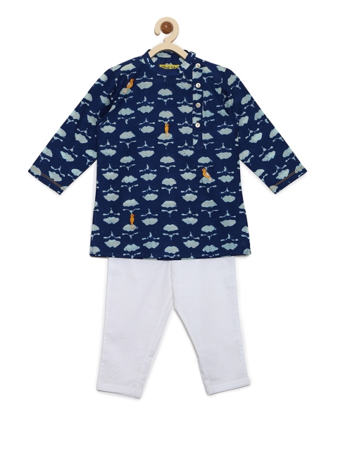 

Tiber Taber Boys Navy Blue & White Printed Kurta with Pyjamas