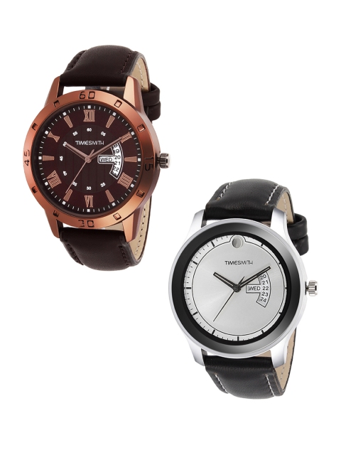 

TIMESMITH Men Set Of 2 Leather Analogue Watches TSC-012-013, Brown