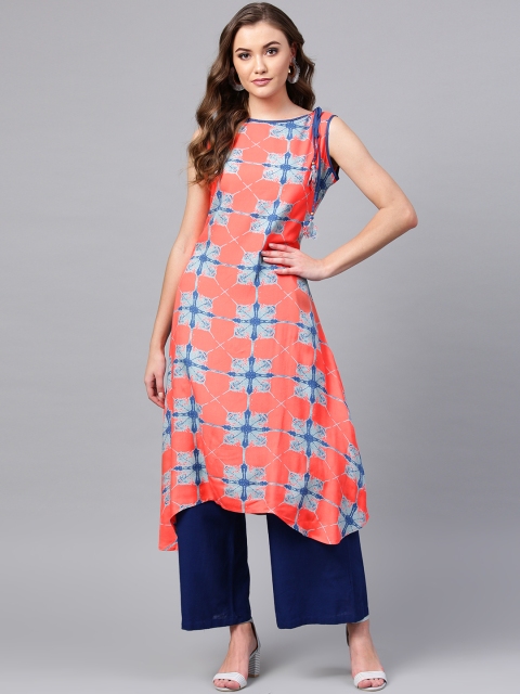

Shree Women Coral Orange & Blue Printed Asymmetric A-Line Kurta