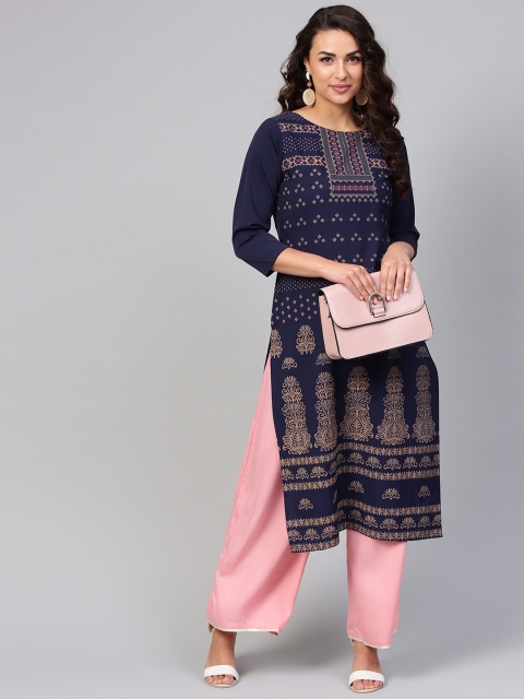 

Trend Factory Women Navy Blue & Taupe Printed Straight Kurta