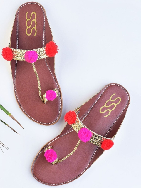 

Street Style Store Women Gold-Toned Braided One Toe Flats with Pom-Pom Detail