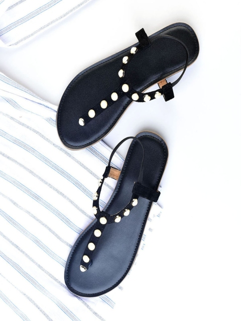 

Street Style Store Women Black Solid T-Strap Flats with Embellished Detail