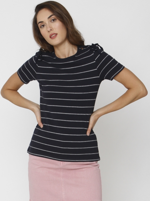 

Vero Moda Women Navy Blue Striped Round Neck T-shirt