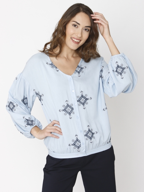 

Vero Moda Women Blue Solid V-Neck Blouson Top