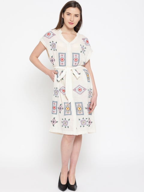 

Vero Moda Women Off-White Embroidered semi-Sheer A-Line Dress