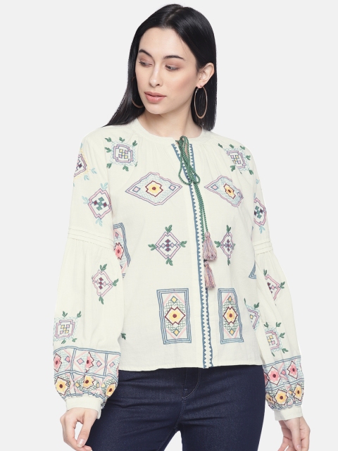 

Vero Moda Women Off-White Self Design Boxy Top