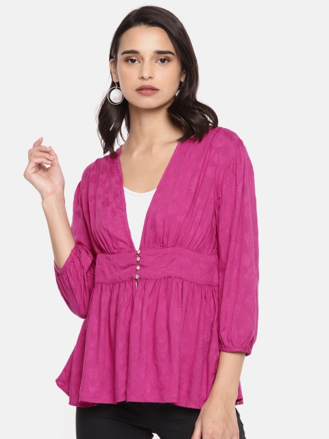 

Vero Moda Women Fuchsia Pink Self Design Button Shrug