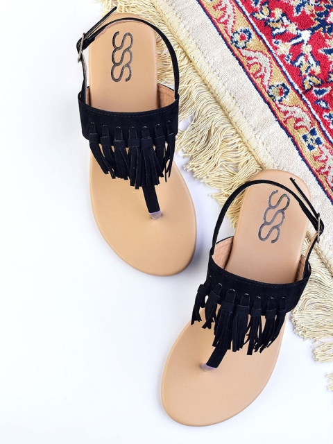 

Street Style Store Women Black Solid Tasselled T-Strap Flats