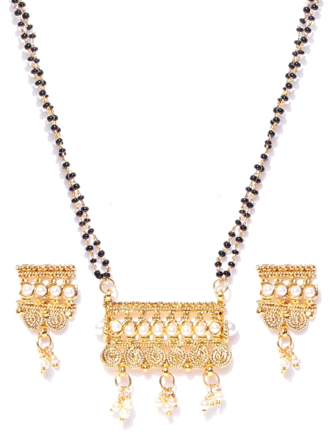 

damani Black Gold-Plated Beaded Mangal Suta With Earrings