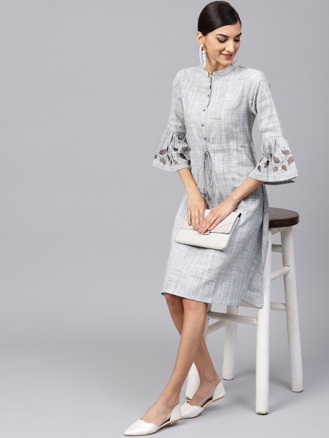 

Indo Era Women Grey Self Design A-Line Dress