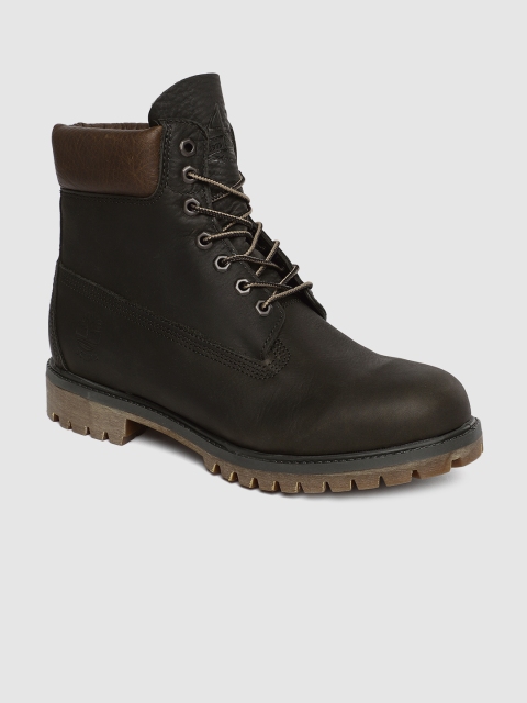 

Timberland Men Dark Green HER 6IN PREM BT WP Solid Leather Mid-Top Flat Boots