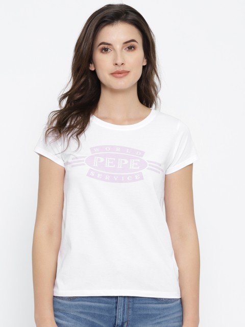 

Pepe Jeans Women White Printed Round Neck Pure Cotton T-shirt