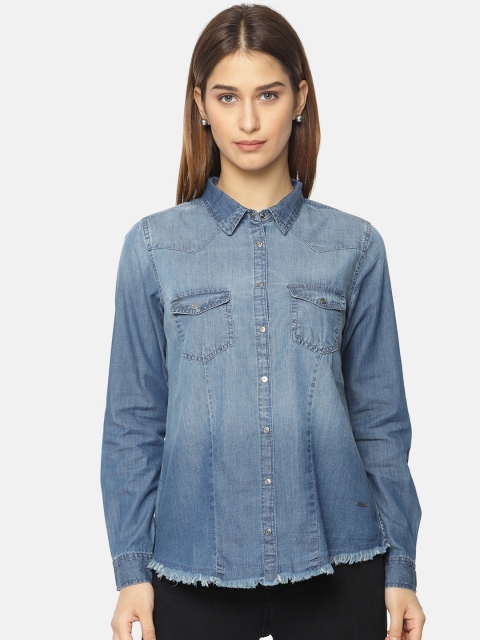 

Pepe Jeans Women Blue Slim Fit Faded Casual Chambray Shirt