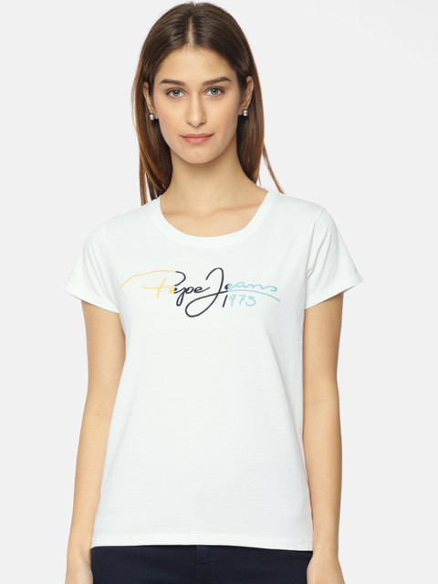 

Pepe Jeans Women White Printed Round Neck Pure Cotton T-shirt