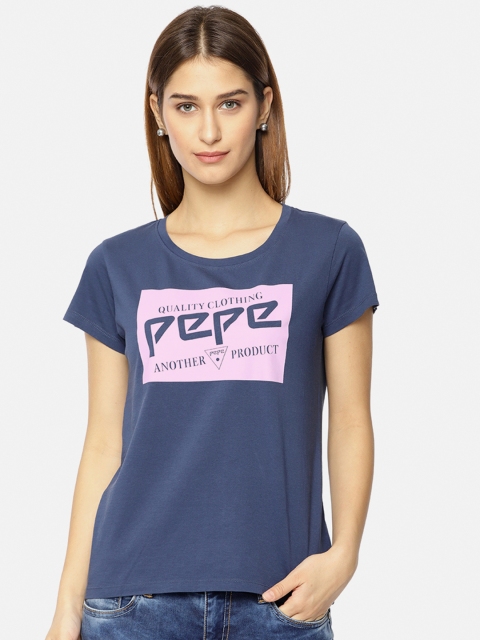 

Pepe Jeans Women Navy Blue Printed Round Neck Pure Cotton T-shirt