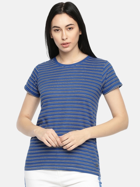 

Pepe Jeans Women Blue White Striped Round Neck Pure Cotton T-shirt