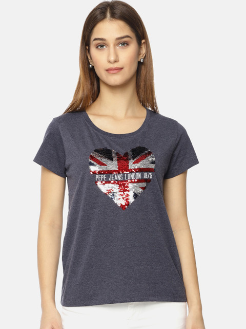

Pepe Jeans Women Charcoal Grey Mermaid Sequinned Round Neck Pure Cotton T-shirt