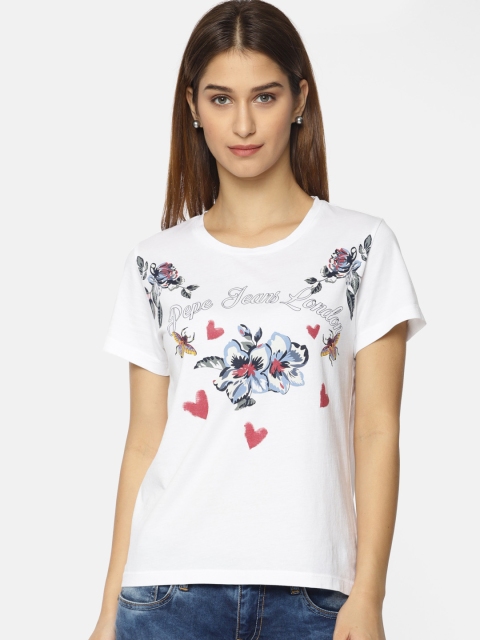 

Pepe Jeans Women White Printed Round Neck Pure Cotton T-shirt