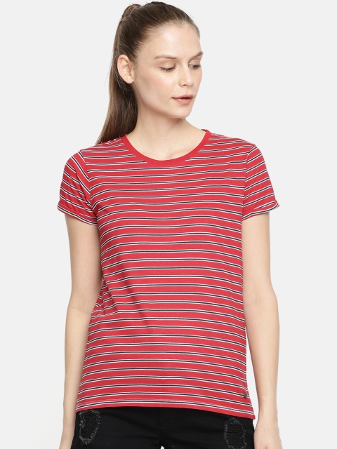 

Pepe Jeans Women Red White Striped Round Neck Pure Cotton T-shirt