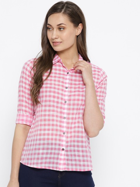

Pepe Jeans Women Pink & White Regular Fit Semi Sheer Checked Casual Shirt