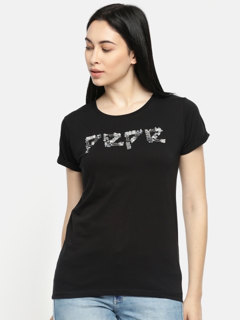 

Pepe Jeans Women Black Embellished Round Neck Pure Cotton T-shirt