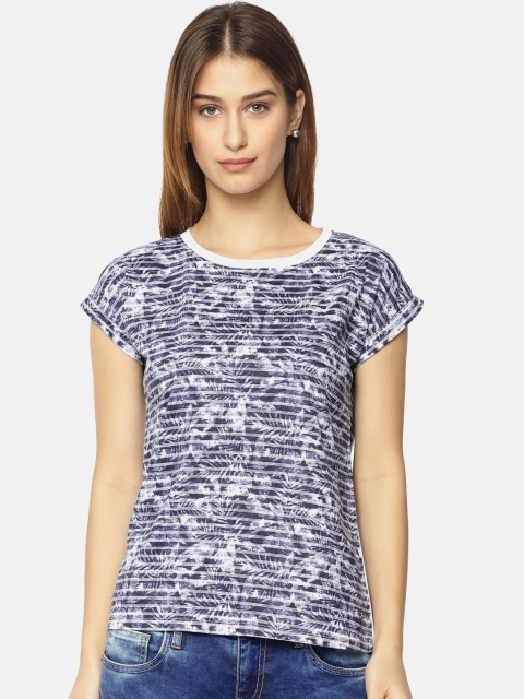

Pepe Jeans Women Blue White Striped Round Neck Pure Cotton T-shirt