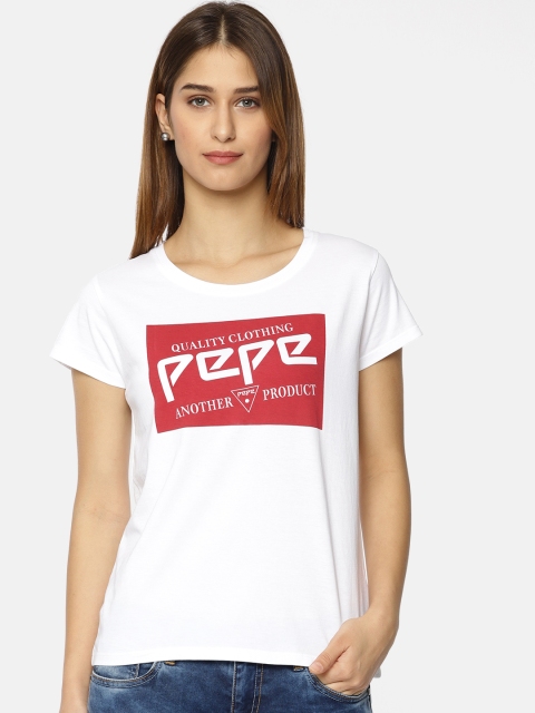 

Pepe Jeans Women White Printed Round Neck Pure Cotton T-shirt