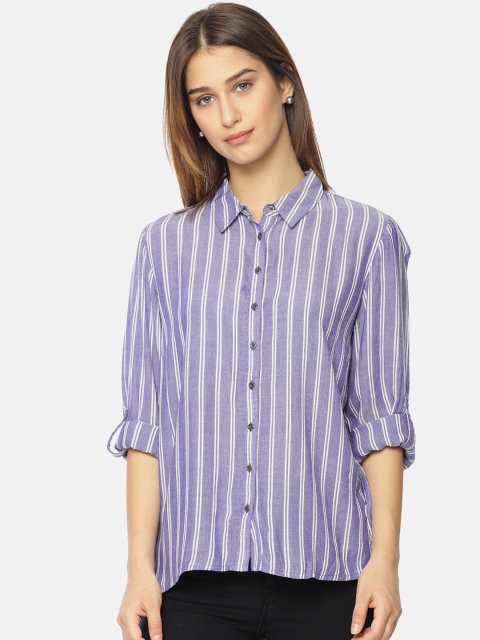 

Pepe Jeans Women Blue & White Regular Fit Striped Casual Shirt