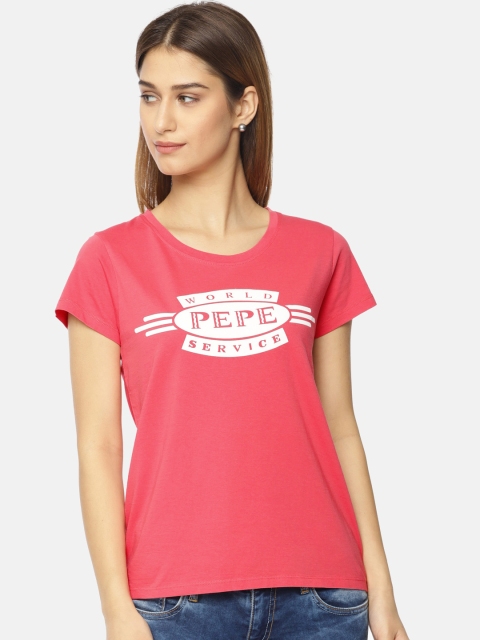 

Pepe Jeans Women Coral Pink Printed Round Neck Pure Cotton T-shirt