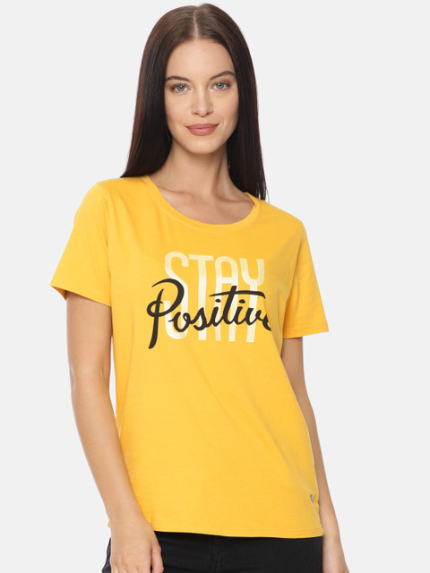 

Pepe Jeans Women Mustard Yellow Printed Round Neck Pure Cotton T-shirt