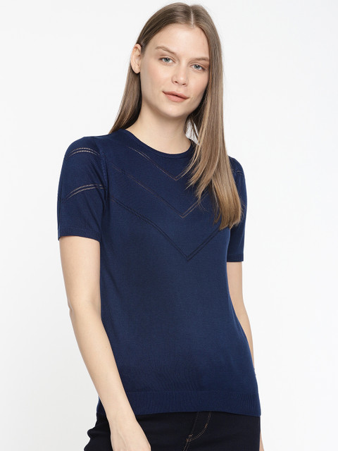 

Pepe Jeans Women Navy Self Design Round Neck T-shirt, Navy blue