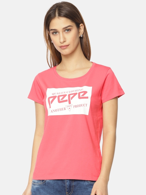 

Pepe Jeans Women Coral Pink Printed Round Neck T-shirt