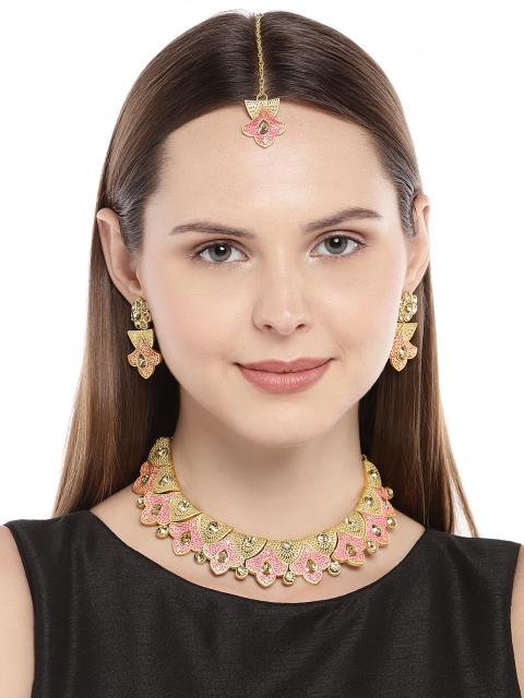 

Peora Gold-Plated & Red Handcrafted Traditional Necklace Set with Earrings & Maang Tika