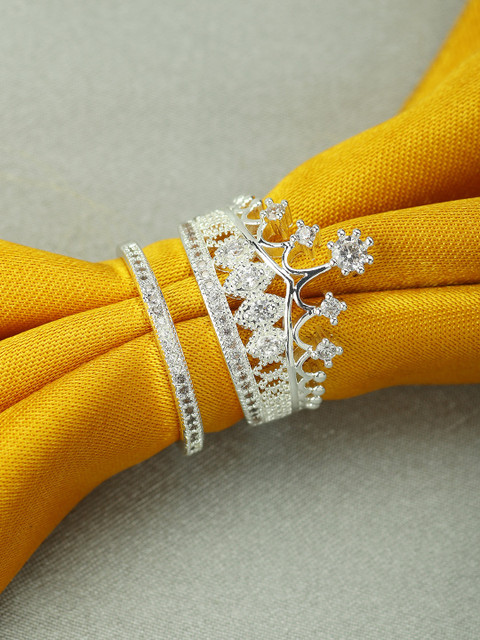 

Peora Women Set Of 2 White Gold Rhodium Plated Queen Crown Pattern CZ Ring Combo, Silver