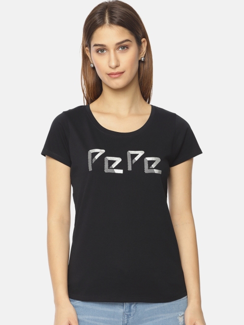 

Pepe Jeans Women Black Printed Slim Fit Round Neck Pure Cotton T-shirt
