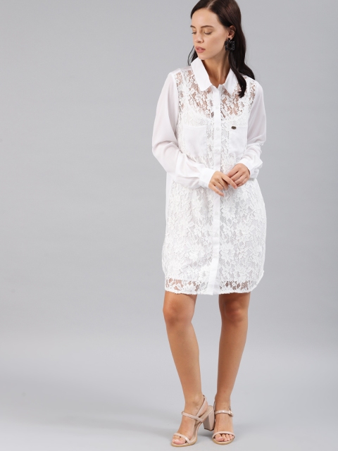 

French Connection Women White Self Design Shirt Dress