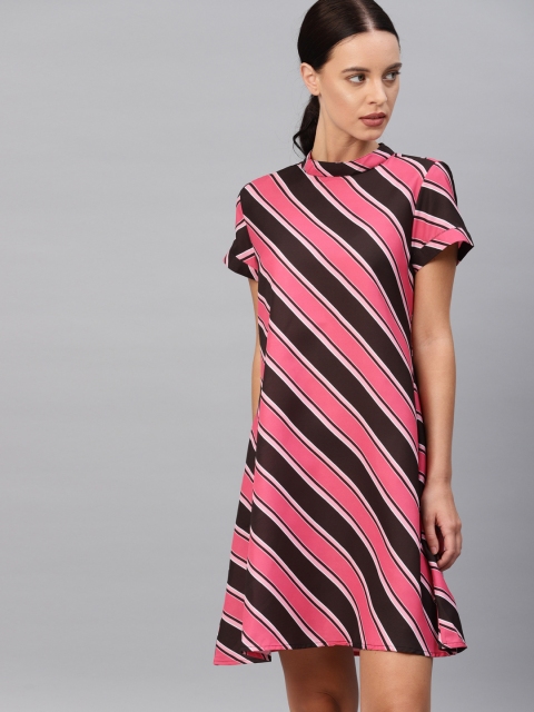 

French Connection Women Black & Pink Candy Striped A-Line Dress