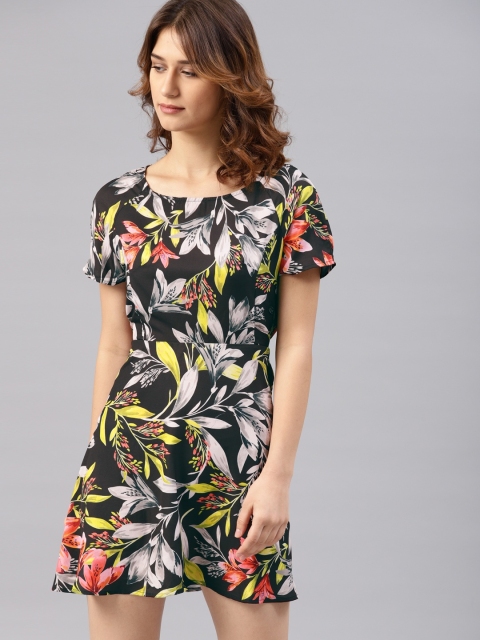 

French Connection Women Black Tropical Print A-Line Dress