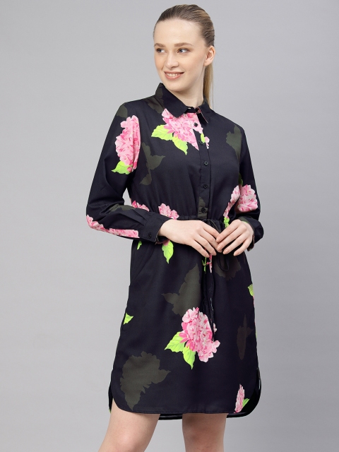 

French Connection Women Black Floral Printed Shirt Dress