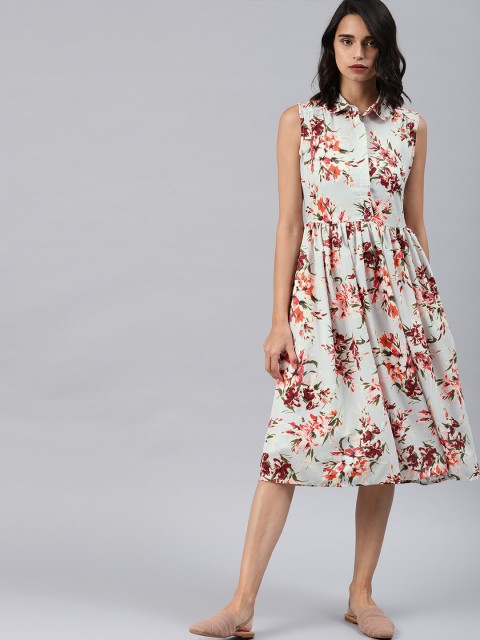 

French Connection Women Blue Floral Printed Fit and Flare Dress