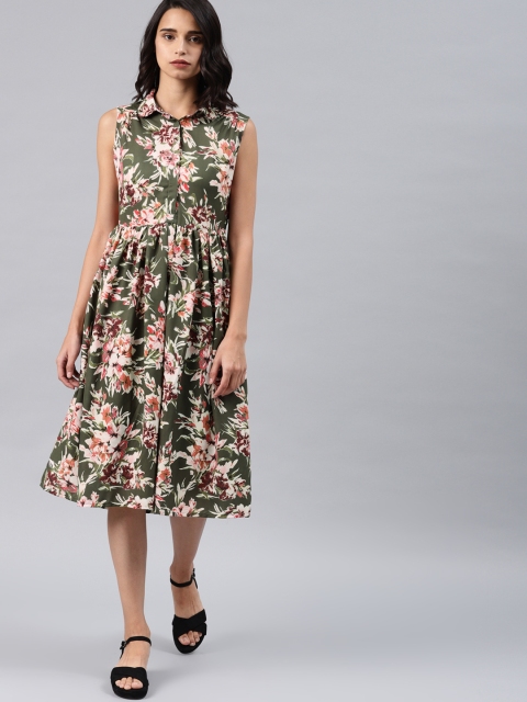 

French Connection Women Green Floral Printed Fit and Flare Dress