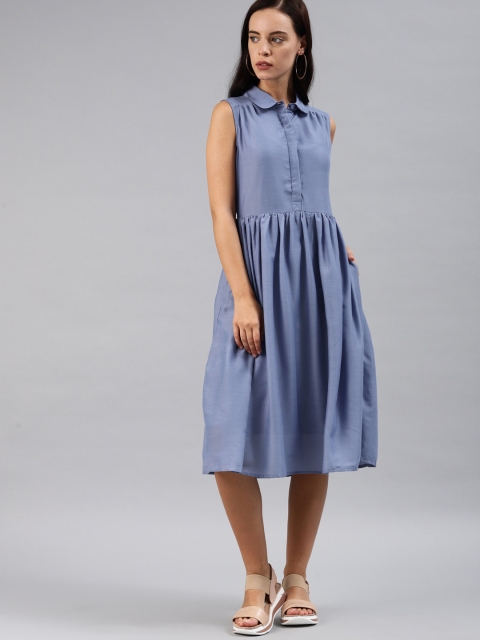 

French Connection Women Blue Solid Fit and Flare Dress