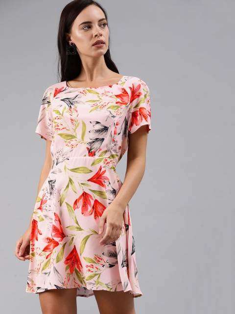 

French Connection Women Pink Floral Printed Fit and Flare Dress