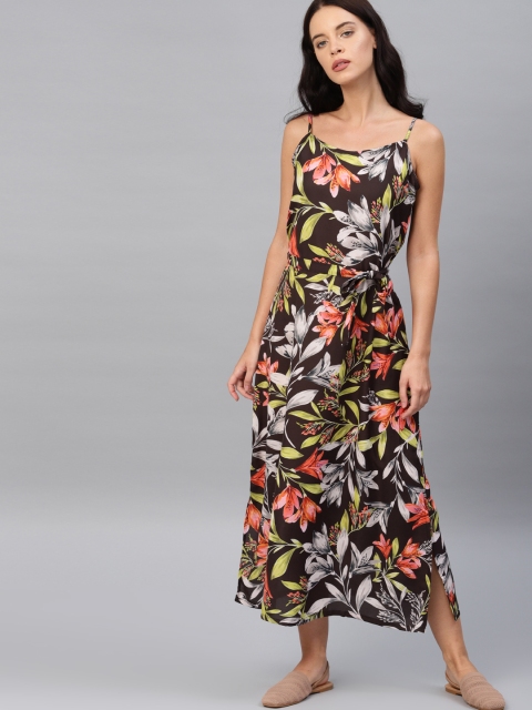 

French Connection Women Black Floral Printed Fit and Flare Midi Dress