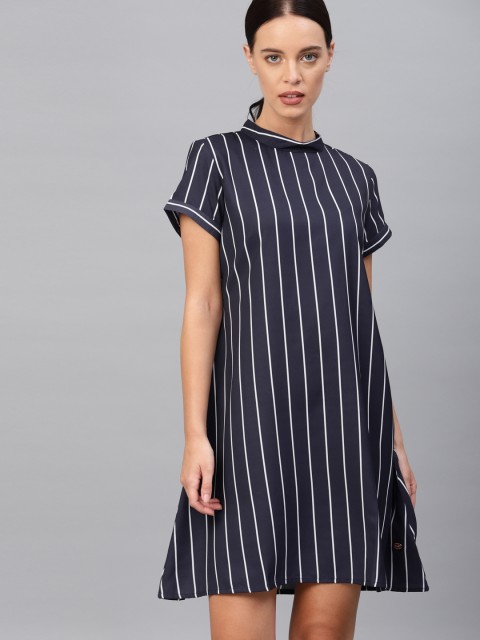 

French Connection Women Navy Blue & White Striped A-Line Dress