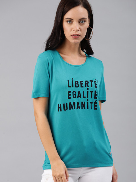 

French Connection Women Blue Printed Round Neck T-shirt