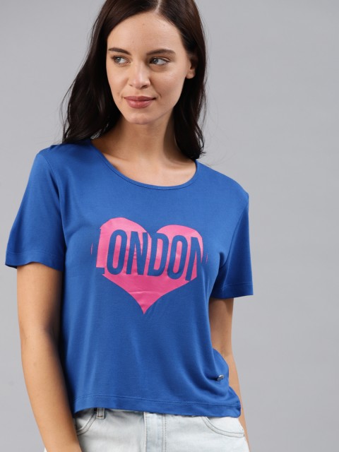 

French Connection Women Blue Printed Round Neck T-shirt