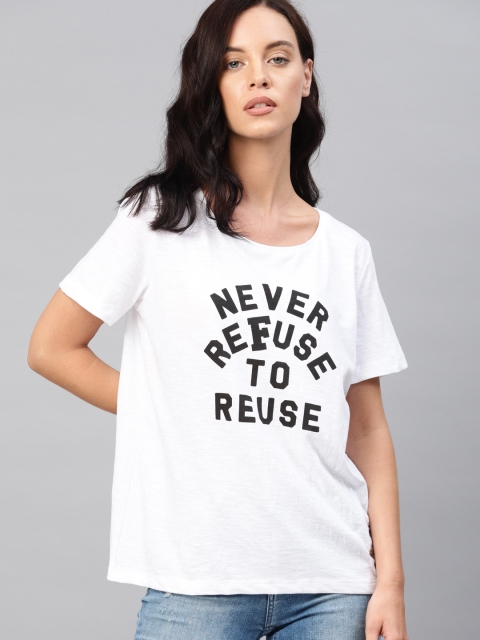 

French Connection Women White Printed Round Neck T-shirt